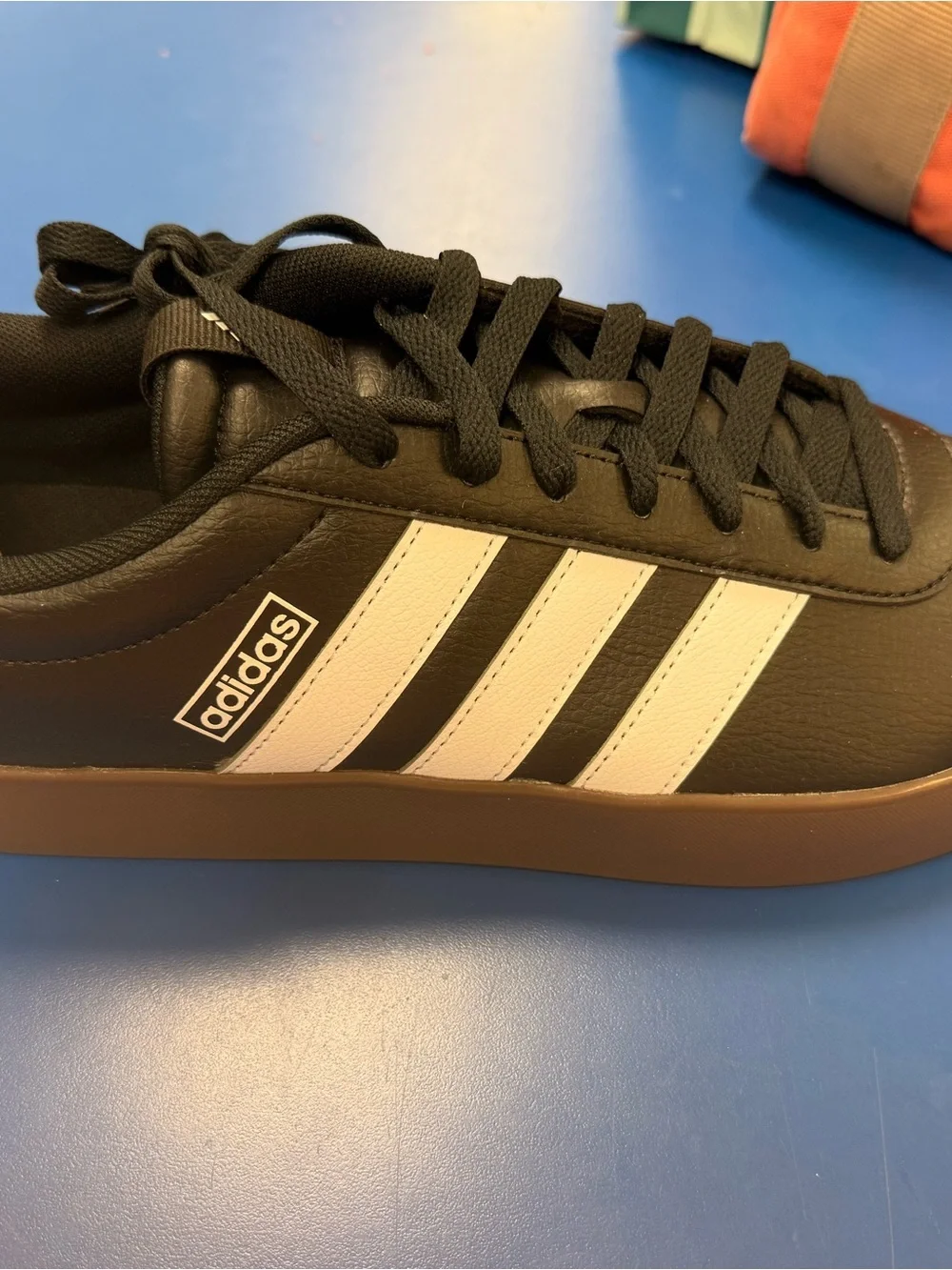 adidas Black Sneakers with White Stripes and Brown Gum Sole